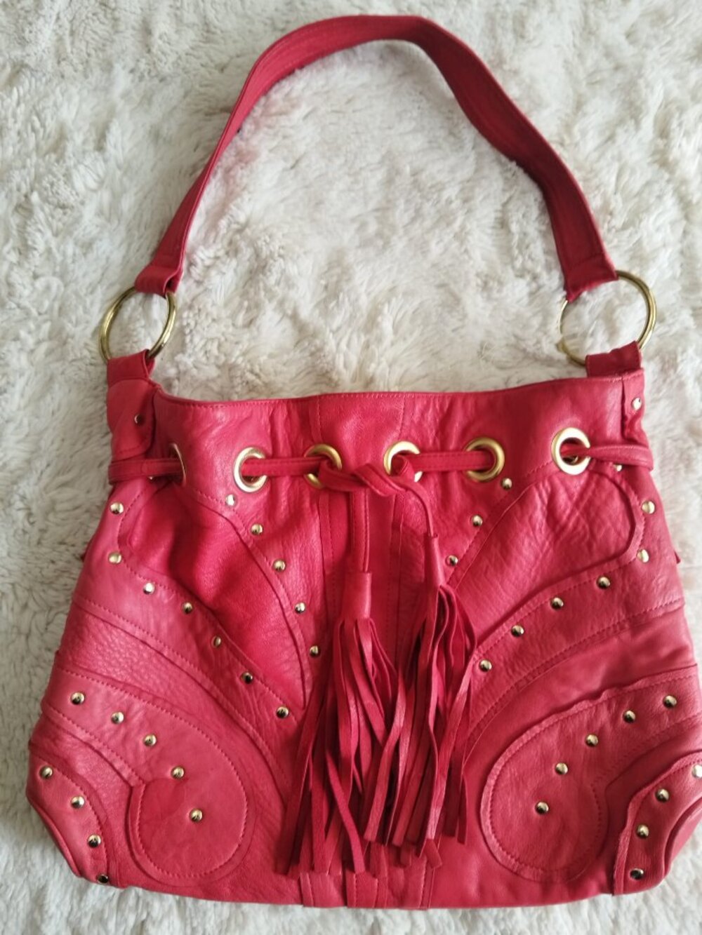 B. Makowsky Vibrant Red Leather Hobo Shoulder Bag Gold Studded Tassel Women's